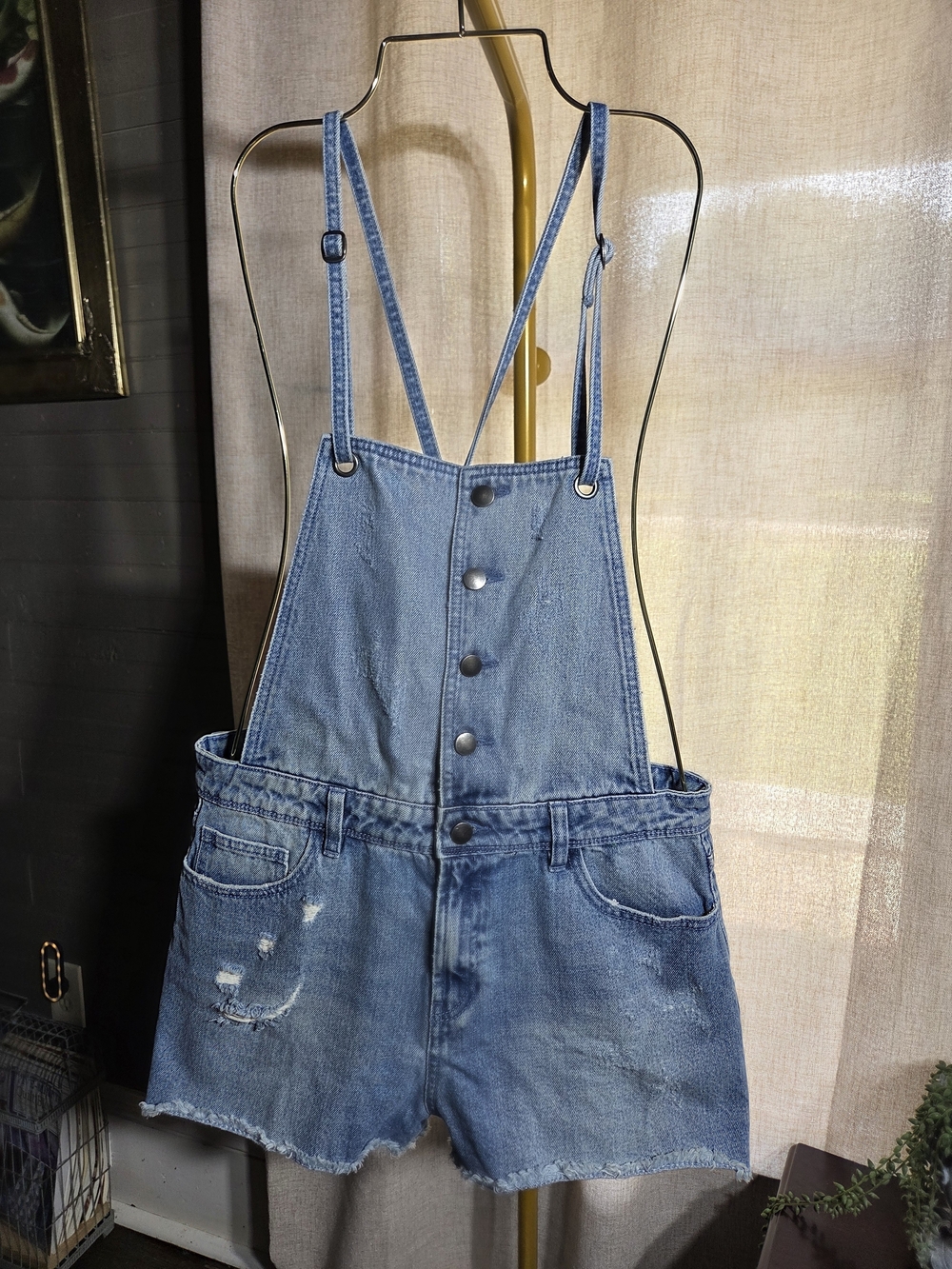 Distressed Light Blue Denim Short Overalls Jumpsuit